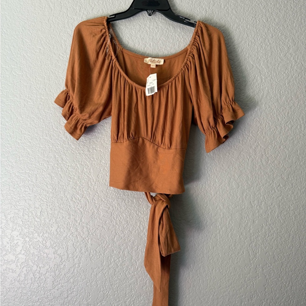 Listicle Women's Ribbed Knit Ruched Tie-Back Top in Tangerine Size XL